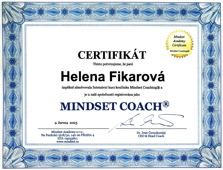 Helena Fikarová_certifikát_mindset coach